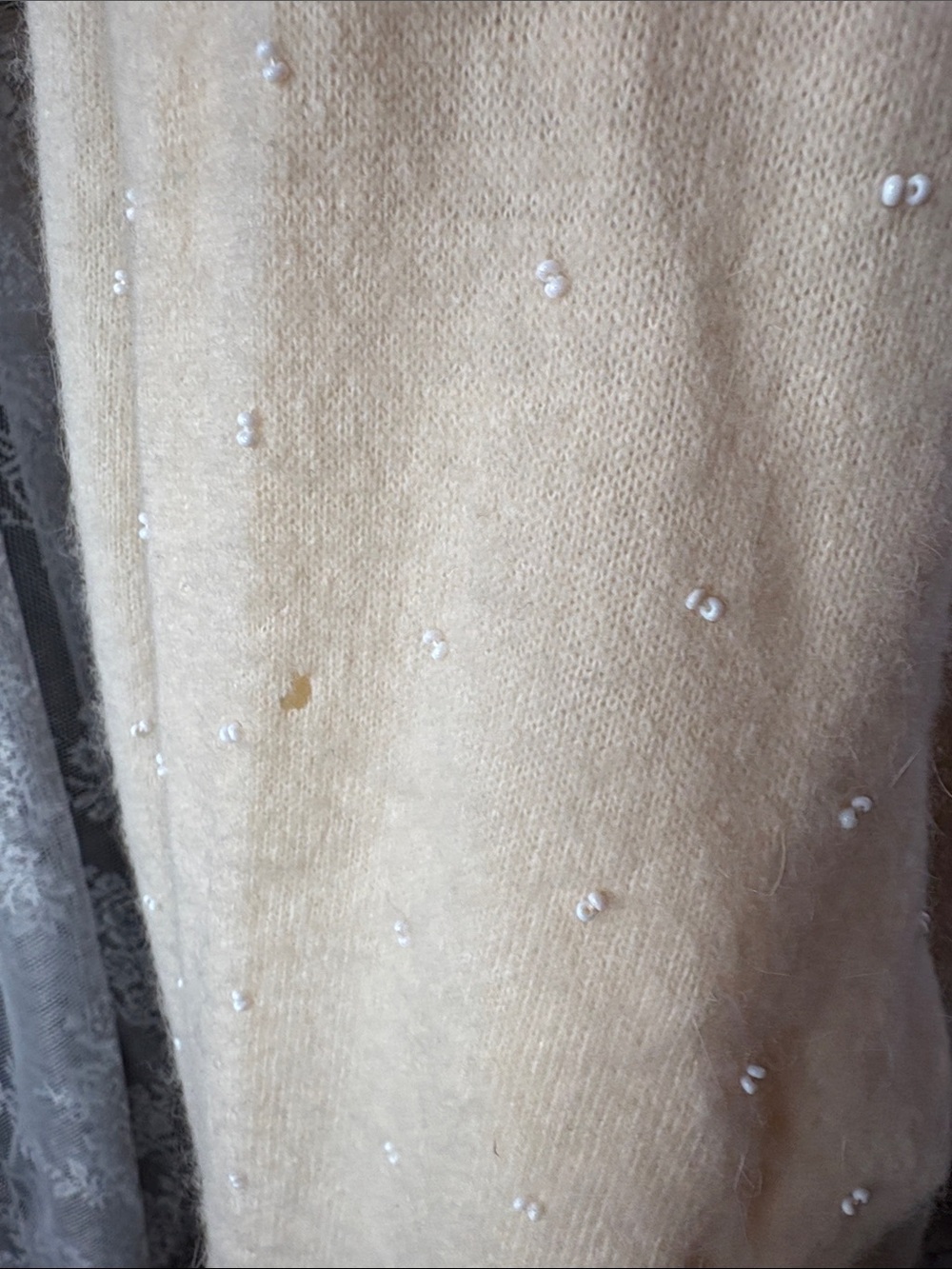 Vintage 50s Saks Fifth Avenue Cream Lined Cardigan beaded angora/wool - Picture 10 of 12